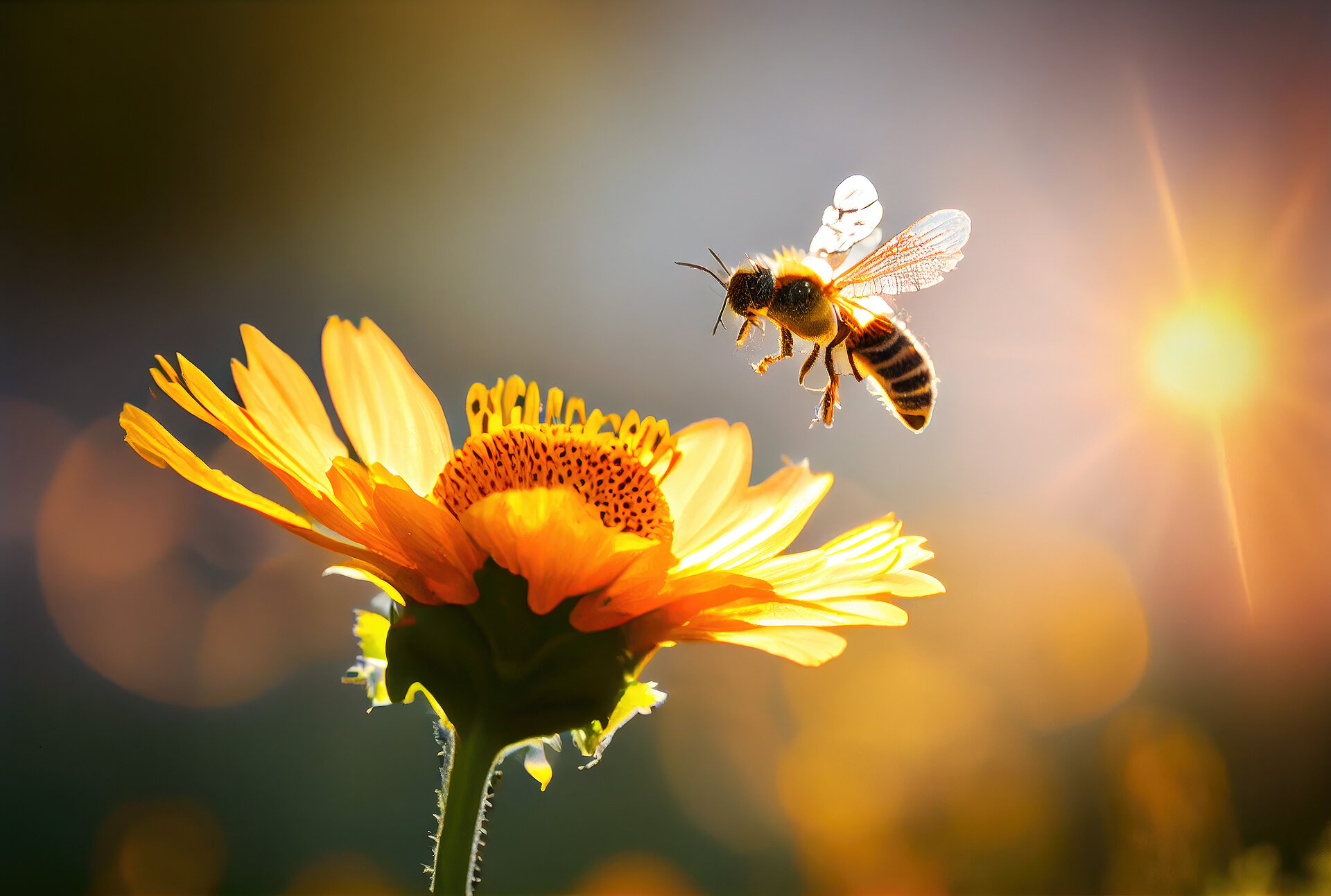 Bienen fliegt zur Blüte und sammelt Nektar