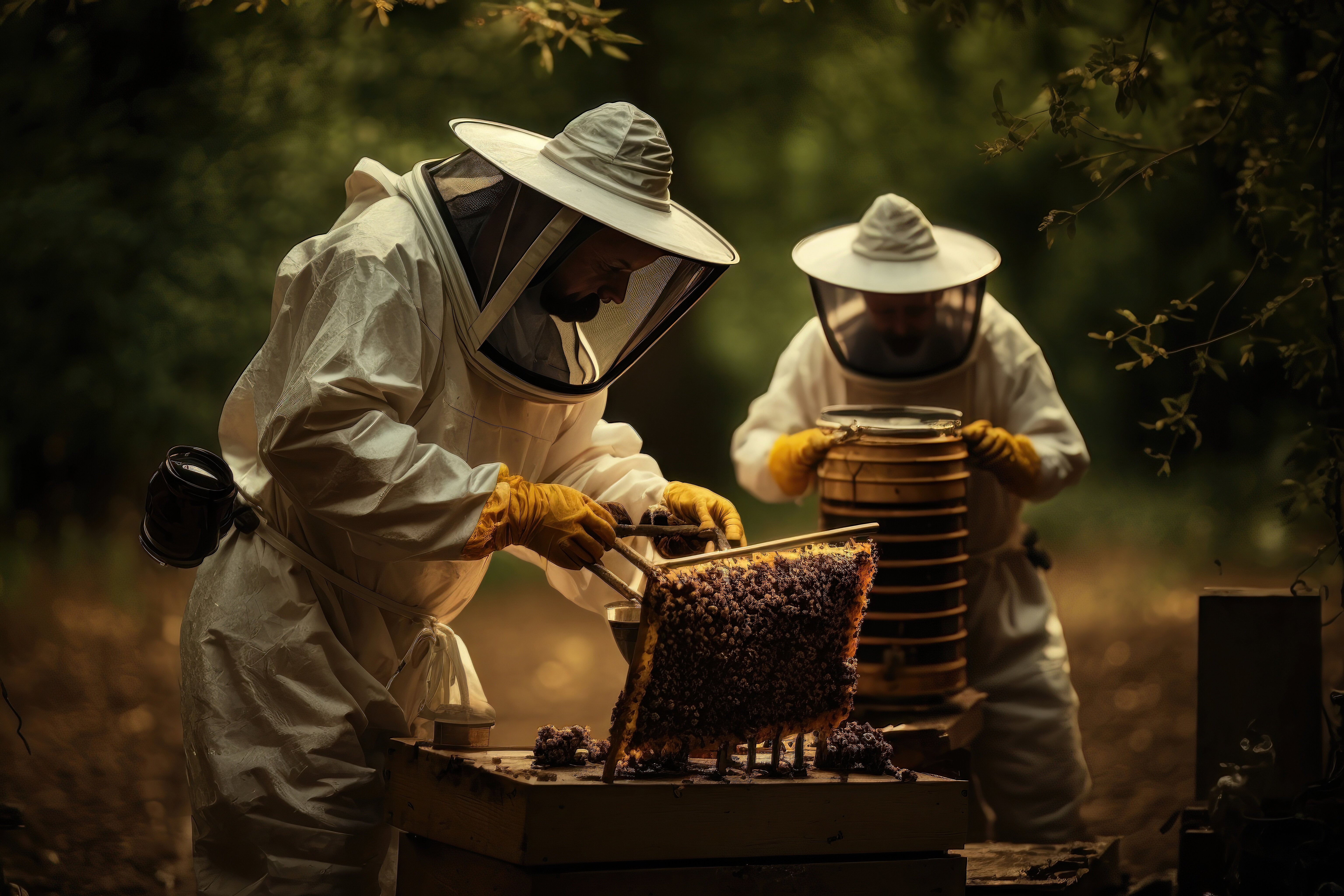 Zwei Imker holen die Waben am Bienenstock heraus